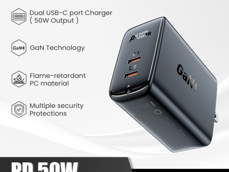 ACEFAST A31 PD 50W GAN (USB-C+USB-C) DUAL PORT CHARGER - BLACK Online now