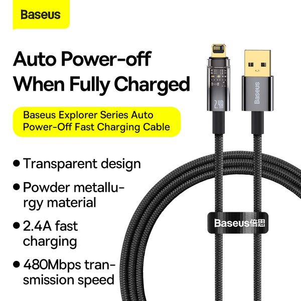 (Buy 1 Get 1) Baseus Explorer Series Auto Power-Off 2.4A iPhone Fast Charging Data Cable (1M) - Blue Hot on Sale