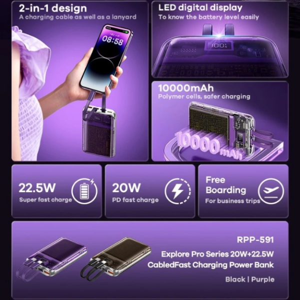 REMAX RPP-591 Explore Pro Series 10000mAh PD+QC Fast Charging Power Bank(PD 20W+QC 22.5W) - Purple Supply