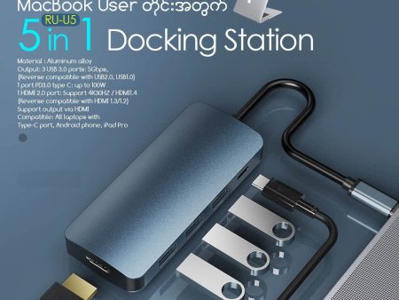 REMAX RU-U5 RETOR SERIES 5 IN 1 DOCKING STATION (PD100W) (3USB+PD+HDMI), 5 in 1 Docking Station, Type-C Hub Sale