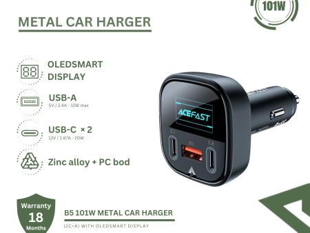 ACEFAST B5 101W (2C+A) METAL CAR HARGER WITH OLEDSMART DISPLAY For Discount