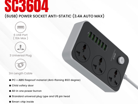 GADGET MAX Power Socket 3.4A Auto Max (6 USB , 3 PS),Power Socket , Extension Power Socket , Muti Plug Electrical Extension , 2 Pins extension socket , Extension Cord with USB Port ,Portable Strip plug adapter , Fast Charging Socket (Power Socket) Hot on Sale