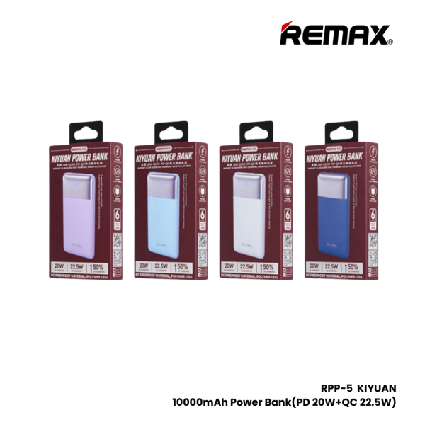 REMAX RPP-5 kiyuan Series 10000mAh PD+QC Fast Charging Power Bank(PD 20W+QC 22.5W) - Light Blue For Discount