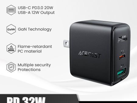 ACEFAST A7 PD 32W (USB-C+USB-A) DUAL PORT CHARGER - BLACK Online Sale