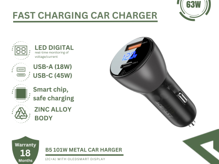 ACEFAST B6 METAL CAR CHARGER 63W (USB-A+USB-C) WITH DIGITAL DISPLAY Cheap