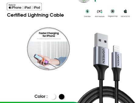 Ugreen USB 2.0 A M to Lighting Nylon Braid Cable 1M - Silver For Cheap