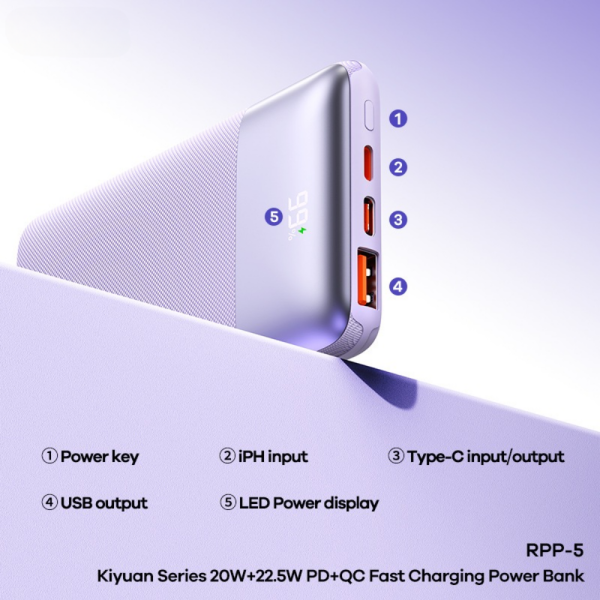 REMAX RPP-5 kiyuan Series 10000mAh PD+QC Fast Charging Power Bank(PD 20W+QC 22.5W) - Purple Hot on Sale