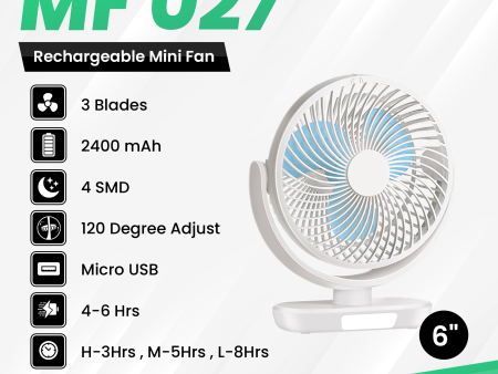 T PRO CTL-MF027-6 LONTOR 6INCHESRECHARGEABLE MINI FAN (3 SPEEDS 8 W 4SMD USB INPUT) Cheap