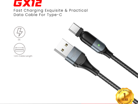 GADGET MAX GX12 FAST CHARGING EXQUISITE & PRACTICAL DATA CABLE FOR TYPE-C (3A) (1.2M) - BLACK For Sale