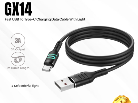 GADGET MAX GX14 DU18 S-SHAPE FAST USB TO TYPE-C CHARGING DATA CABLE WITH LIGHT (3A) (1M) For Cheap