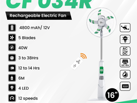 T PRO CTL-CF034R-16C 16  LONTOR RECHARGEABLE STANDING FAN WITH SOLAR CHARGE Fashion