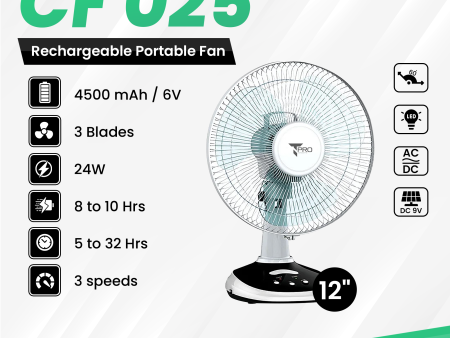 T PRO CTL-CF025-12 12  LONTOR RECHARGEABLE TABLE FAN WITH SOLA CHARGE Cheap