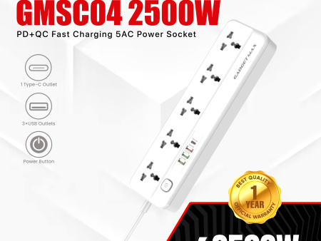 GADGET MAX GMSC04 2500W PD+QC FAST CHARGING 5AC POWER SOCKET WITH 6.5 FEET CABLE LENGTH (Power Socket) Fashion