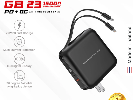 GADGET MAX GB23 AIO Pro Series 15000mAh All-in-One PD+QC Fast Charging Power Bank(PD 20W+QC 22.5W) - Black on Sale