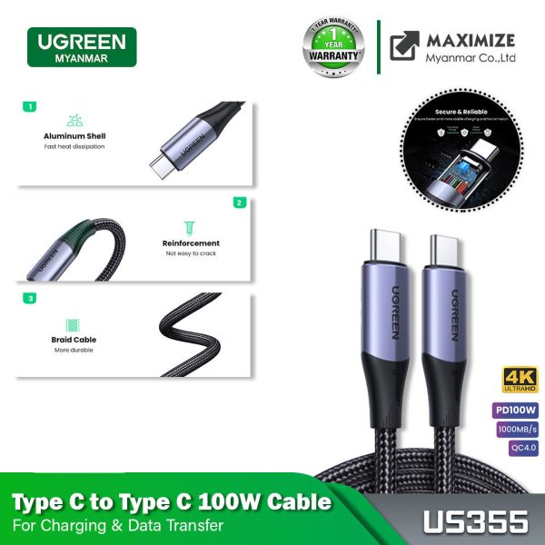 UGREEN US355 USB-C 3.1 M M GEN2 5A CABLE WITH BRAIDED (1M) (TYPE-C TO TYPE-C) on Sale