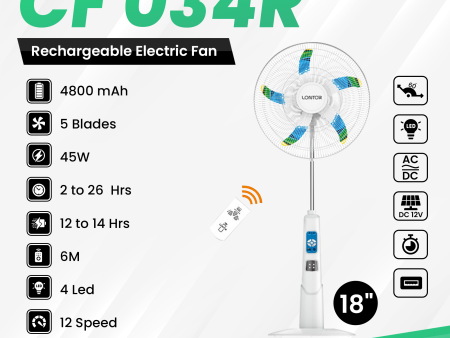 T PRO CTL-CF034R-18C 18  LONTOR RECHARGEABLE STANDING FAN WITH SOLAR CHARGE (12 SPEEDS 8W 4 SMD 15V DC INPUT 5V USB OUTPUT) Hot on Sale